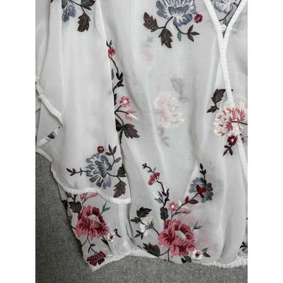 Lucky Brand XL Womens Top Sheer Embroidered Vneck White Floral Boho Cottage - Picture 6 of 16